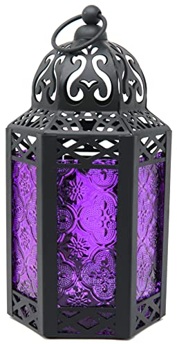 Piccola lanterna marocchina decorativa in metallo nero, portacandela per interni ed esterni, decorazione per la casa, patio, Halloween, matrimoni, Natale, viola