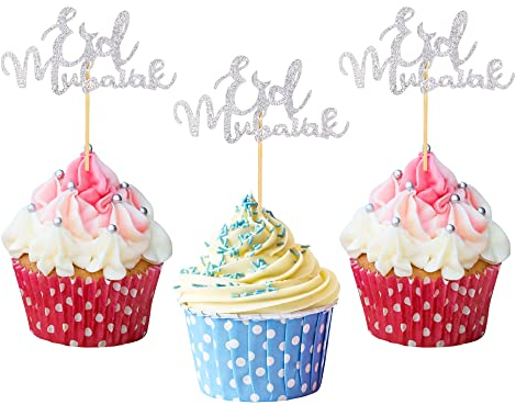 Silver Eid Mubarak Cupcake Topper 20Pcs Eid Mubarak Cake Topper Ramadan Muslim Hajj Eid Decor for Eid Party Cake Decorations