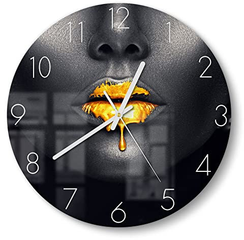 DEQORI Glasuhr | rund Ø 30 cm | Motiv Goldbedeckte Lippen | ausgefallene leise Design Uhr aus Glas | Wanduhr für Wohnzimmer & Küche | Moderne Hingucker Uhr für die Wand