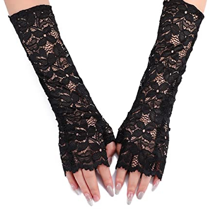 TeeYee Damen Spitze Handschuhen Halb Finger Lang Handschuhen Mesh Spitze Knigge Sommer Handschuhe Blume Pattern für Hochzeit Braut 113schwarz