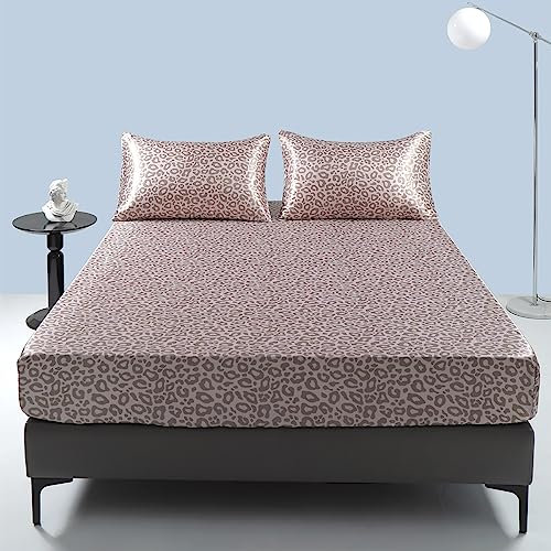 Damier Satin Spannbettlaken 200x200cm Rosa Leopardenmuster Seide Glänzend Spannbetttuch Hochwertiges Satin Deluxe Bettlaken, geeignet für Matratzen bis 25cm