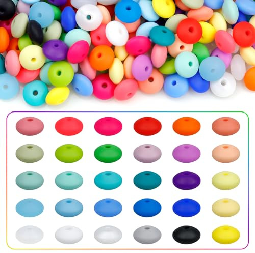 180PCS FIVEIZERO Silicone Lentil Beads,12mm 30 Colors Silicone Abacus Bead Bulk Loose Spacer Jewelry Bead Colorful DIY Lanyard Beads for Making Necklace Keychain Accessories