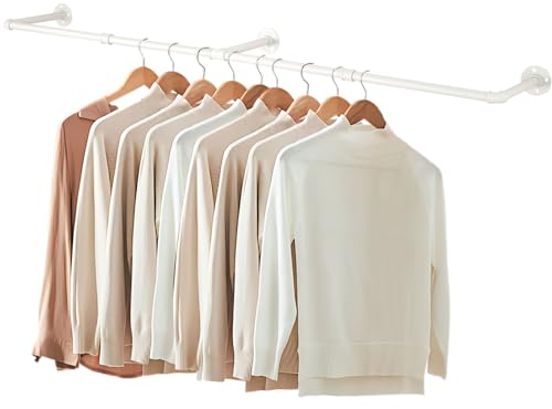 Yawinhe Industrierohr Kleiderstangen,180cm Kleiderbügel für die Wand, Platzsparenders Wandregal Küchenregal mit 3 Basen, für Geschäft, Cremefarbe, 1-Pack, YMG004W-1