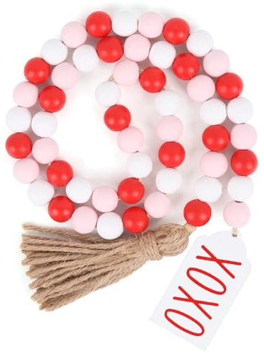 Valentinstag-Holzperlen-Girlande mit Quaste, XOXO Tags, Bauernhaus, rustikale Holzperlen, Girlande, Wandbehang, Dekoration für abgestuftes Tablett, Kamin, Vase, Hochzeitstag, Rosa