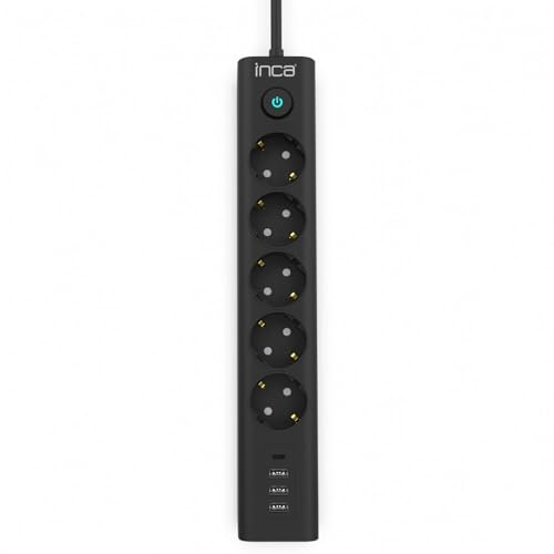inca Steckdosenleiste IPW-44TU 5 Fach, 3xUSB-A+1xUSB-C, Schwarzes 1,5 Meter langes Textilkabel LED-Anzeige für den EIN/Aus-Schalter (Blaue LED) Maximale Leistung: 3680 W