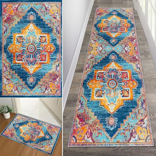 Baoeray Boho Teppich Flur Läufer 40 * 60cm Tribal Waschbar rutschfest Lang Flurläufer Teppich Distressed Küche Teppichläufer Fur Korridor Wohnzimmer Schlafzimmer Anpassbare Größe