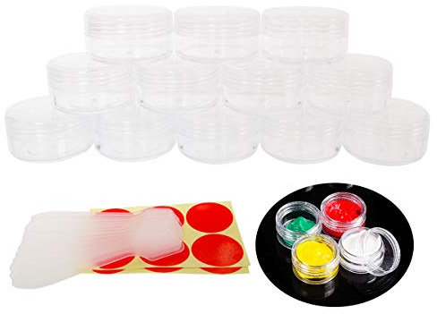 Wopanxye 12pcs 10ml Small Sample Jars, 10 Gram Empty Refillable Cosmetic Container, Plastic Round Pot Clear Screw Cap Lid, Tiny 10g Bottle for Makeup Eye-shadow Nails Powder Jewelry, Free Spatulas