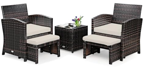 LIFEZEAL Juego de Muebles de jardín, Conjunto de conversación para Patio de 5 Piezas de ratán, 2 sillones, 2 taburetes con cojín y Mesa de café de Cristal Templado, para Piscina y terraza (Blanco)