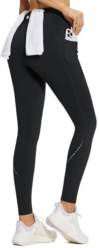 BALEAF Legging thermique doublé en polaire pour femme - Taille haute avec poches zippées - Pour l'hiver, la course à pied, la gym, Noir , L