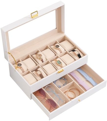 ProCase Uhrenbox mit 12 Fächern, Uhrenkasten mit Glasdeckel, 2 Ebenen, Uhrenkoffer mit herausnehmbaren Uhrenkissen Uhrenschatulle für Schmuck, Ringe, Armbänder und Halsketten -Weiß