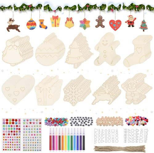 416stk Holzanhänger Weihnachten zum Bemalen, Holz Basteln Weihnachten Kinder, Weihnachtsdeko Basteln mit Farbstift und Reichhaltiges Zubehör, Weihnachtsbastelset Holz Anhänger für Weihnachtsbaum Deko