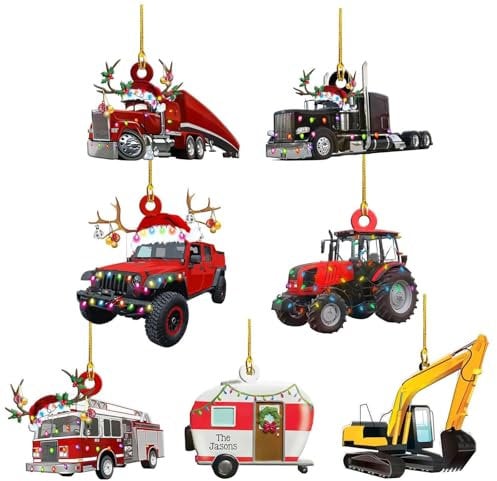 Weihnachtsbaumschmuck,Christbaumschmuck Feuerwehrauto Fahrzeug LKW Boot Bagger Figur Weihnachtsbaum-Anhänger Weihnachtsdekoration (All)