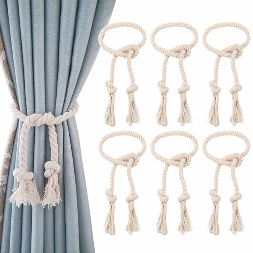 Hshenjhu 6 Pièces Embrasses de Rideaux, Beige Tissée Attaches Rideaux, Bohème Embrasse pour Rideaux, Embrasse de Corde de Rideau, pour Décoration de Maison, Bureau, Décoration de Fenêtre D'hôtel