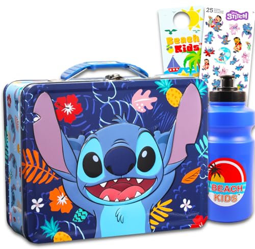 Disney Stitch Tin - Juego de lonchera de lata con suministros escolares con lata de almuerzo Stitch, botella de agua, calcomanías, más | Contenedor de almuerzo Lilo and Stitch para niños