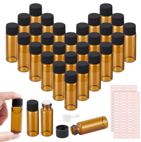 nbeads 30 Stück Bernstein Glasflasche, 15 ml Kleine Ölfläschchen Probeflaschen Braune Leere Glasflaschen mit 2 Stück Selbstklebendem Etikettenpapier für Parfüms, 2.2x6.45cm