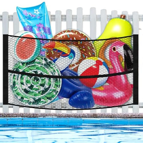 DECOHS Filet de rangement extra large de 180,3 x 119,4 cm pour jouets de piscine, filet de rangement à suspendre au bord de la piscine, jouets de piscine, jouets de piscine élastique robuste pour