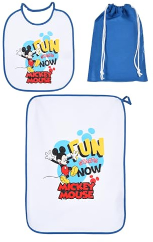 Set de crèche 3 pièces CARTOON, bavoir et petite assiette avec dos plastifié, sac, ensemble pour le repas