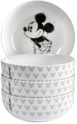 Fyrklövern Micky Maus Schale Disney, 4er-Set, 22 cm, Hochwertiges Porzellan, Spülmaschinenfest, Schwarz/Weiß