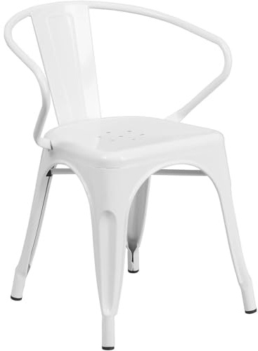 FWStyle Roy White Set of 4 Metal Dining Chairs – Stackable Industrial Bistro Chairs with Curved Backrest, Galvanised Steel, Indoor Outdoor Seating for Kitchen, Café or Garden