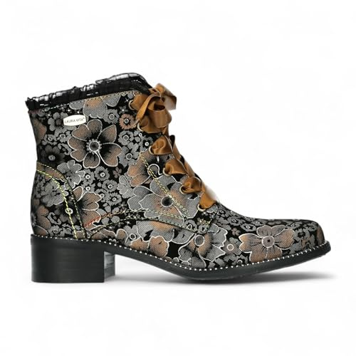 Laura Vita Women’s Emcmao-45 Gothic Victorian Floral Leather Ankle Boots – Lace-Up Zip Closure with 4 cm Block Heel