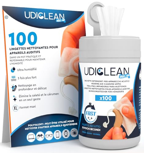 100 Lingettes Appareils Auditives de Nettoyage et Humides Udiclean - en Distributeur d’Humidité Refermable - Maxi Lingettes 17x15cm et Ultra Résistantes