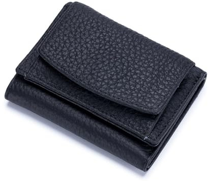 Qiantull Kleine Geldbörse Damen Geldbeutel Echtleder Mini Portemonnaie mit RFID Schutz Kreditkartenetui Münzfach Geldbörse Geldtasche für Frauen und Mädchen 7 x 10 x 3 cm Schwarz