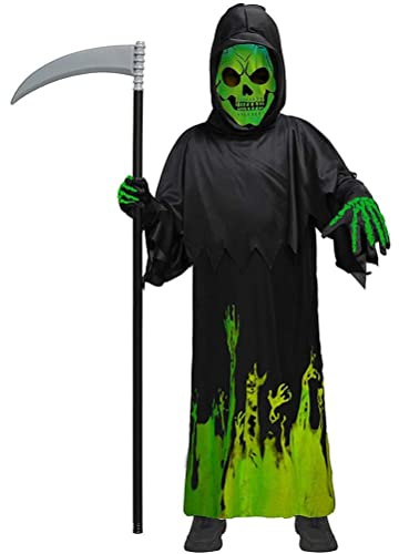 WOHPNLE Halloween Grim Costume, Grim Reaper Costume with Gloves and Sickle Scary Dark Robe Scythe Glowing Red Eyes for Kids Halloween Dress up Party (s)