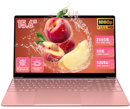 Trygood Computer portatile da 15,6 pollici oro rosa, lettore di impronte digitali, tastiera retroilluminata, 8 GB di RAM 256 GB SSD, display FHD IPS 1080P, notebook rosa sottile per lavoro scolastico