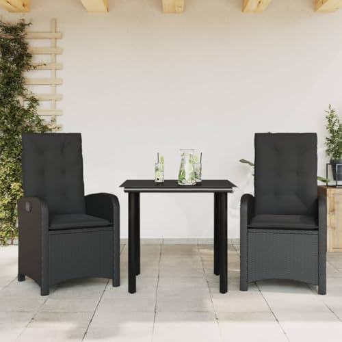 Yunovire 3-TLG. Garten-Essgruppe Schwarz aus wetterfestem Poly Rattan, verstellbare Stühle, Glastisch, Bequeme Kissen, für Terrasse, Balkon