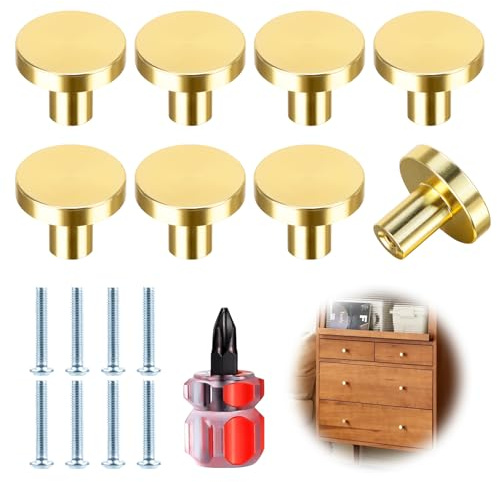 Yooyan 8 Stück Gold Messing Runde Knäufe Einloch Griff Edelstahl mit Schrauben für Schrank Kleiderschrank mit Schraubendreher