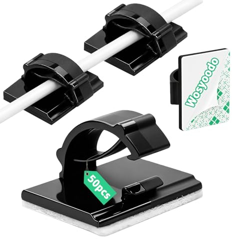 Wosyoodo 50Pcs Sujeta Cables Autoadhesivos Negro, Cable Management 21x17mm | Organizador Cables de Escritorio, Clips Adhesivos para Cables, Gestión de Cables –Pared, Escritorio, Luces de Cadena