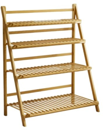 Fzaqwen Étagère Pliante Bambou Support de Plantes Présentoir à Fleurs Bibliothèque à 4 Niveaux Pliable Dos Horizontal Stable Convient Patio Séjour