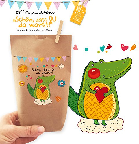 6x Krokodil Geschenktüten / Papiertüten liebevoll bedruckt aus Kraftpapier, zum Verpacken von Geschenken, Gastgeschenken, Mitgebsel, Giveaways, Kindergeburtstage, Hochzeiten. RECYCLEBAR!