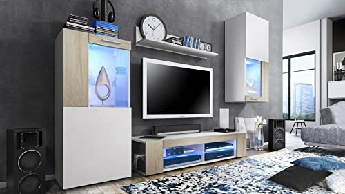 Vladon Wohnwand Movie, Anbauwand bestehend aus 1 TV-Board, 2 Vitrinen und 1 Regal, Weiß matt/Weiß matt/Eiche Sägegrau, inkl. LED-Beleuchtung blau (Gesamt: 300 x 190 x 39 cm)