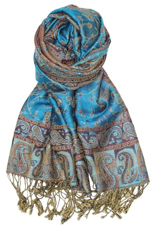 Achillea Luxuriöser, doppellagiger Jacquard-Pashmina-Schal mit großem Paisley-Muster - Blau -