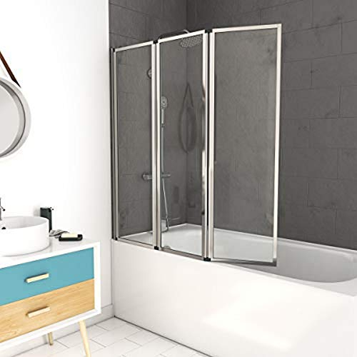 AURLANE Pare-Baignoire Pivotant 3 Volets Chrome - 125x143 cm - Verre Trempé 4 mm - ZAGGY Chrome
