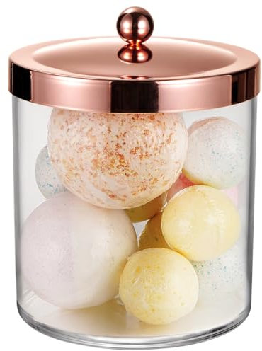 Premium Quality Apothecary Jar - 50 Ounce Large Clear Plastic Storage Container Jar with Rust Proof Stainless Steel Lid, Bathroom Vanity Countertop Storage Organizer Canister (Rose Gold)
