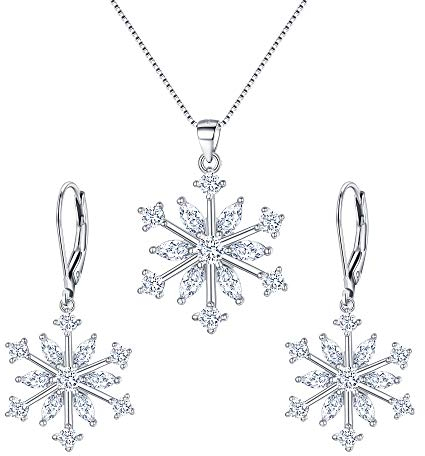 EVER FAITH Zirkonia Schneeflocke Schmuckset Sterling Silber Winter snow Weihnachten Halskette und Leverback Ohrringe Set