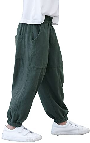 Siehin Pantalones de lino para niños, pantalones de verano, pantalones bombachos, pantalones harén, pantalones de tiempo libre, verde, 146 Grande