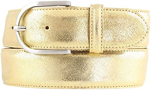 BELTINGER Damen-Gürtel mit Metall-Optik Echt Leder 4 cm | Leder-Gürtel Metallic-Look 40mm glänzend | Metall-Ledergürtel mit runder Gürtelschnalle | Gold 115cm