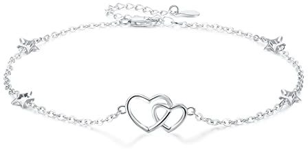 REDSUN Fußkettchen für Damen 925 Sterling Silber Heart Fußkettchen Anklet Bracelet Women's Star Ankle Verstellbar Jewellery Anklet for Girls Mother,Fußkettchen für Frauen,Fußkettchen Herz