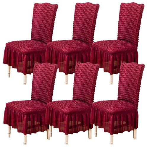 Qubjus Stuhlabdeckungen für Esszimmer Satz von 6 Stretch Stuhl Slipcover mit Rock abnehmbar waschbar Küche Stuhl Protector Cover Set für Haus, Party, Hochzeit(Burgandy, 6Stück)