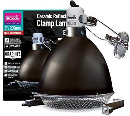 Arcadia Reptile - Reflector Clamp Lamp - Graphite - Includes Ceramic Holder & Bolt Through Locking System, Safety Mesh, Viv Adapter & Hanging Wire - E27 – 8”/ 20cm - Easy to Fit