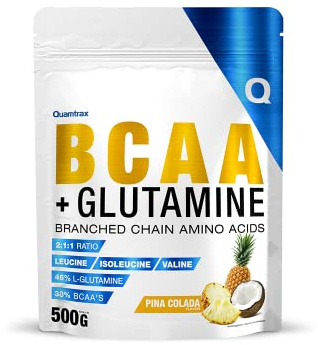 Quamtrax Nutrition - BCAA + Glutamine (Aminoácidos de Cadena Ramificada + L-Glutamina) - 500 g - Sabor Piña Colada - Recuperación muscular, reducción de la fatiga, mejora del rendimiento