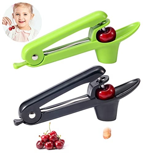 2 Packs Cherry Pitter Tools, Cherry Seed Core Remover Olives Pitter Tool, Stainless Steel Cherries Corer with Space-Saving Lock Design (Black & Green)