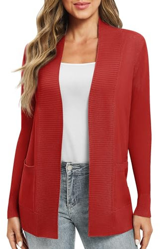 EXCHIC Femmes Décontractée Manche Longue Tricoté Cardigan Poids Léger À l'aise Avant Ouvert Manteau Chandails Longs avec Poches(S, Rouge)
