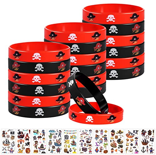 flintronic 20 Stück Piraten Deko Kinder Piraten Armbänder mit 10 Stück Tattoos, Silikon Armbänder Silikonarmband Mitgebsel Kindergeburtstag Gastgeschenke für Kinder Jungen & Mädchen (Rot Schwarz)