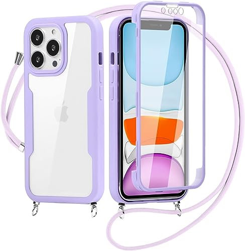 Yoedge Custodia con Cordino per Apple iPhone 14 Pro Cover 6,1, 360 Gradi Full Body Cover con Collana Ultra Sottile TPU Silicone Antiurto e Trasparente PC Bumper Protettiva Custodia, Viola