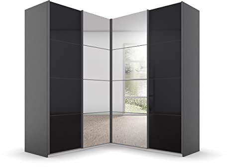 Rauch Möbel Quadra Schrank Eckschrank Schwebetürenschrank, Grau metallic-Glas Basalt, Schwarz, 4-TRG. mit Spiegel, inkl. 2 Kleiderstangen, 12 Einlegeböden, 3 Schubladen, BxHxT 181x210x187 cm