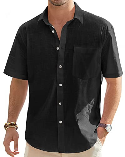 J.VER Mens Linen Shirts Short Sleeve Summer Button Down Casual Regular Fit Holiiday Beach Lightweight Cotton Shirt with Pocket Black S